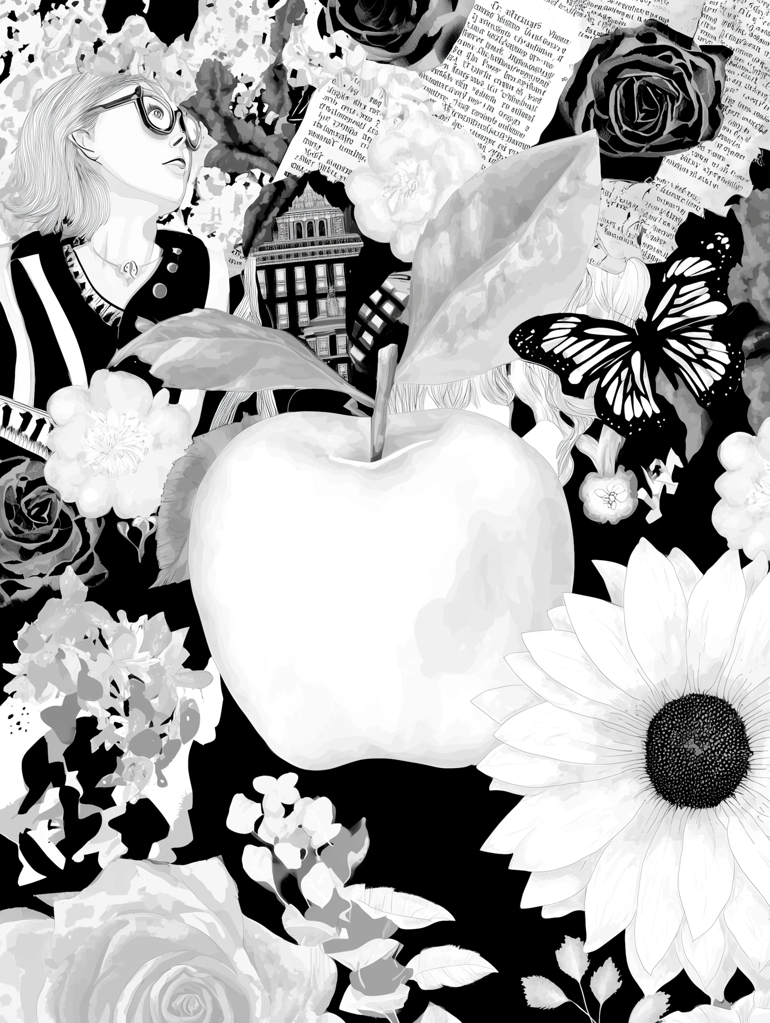 Free printable apple coloring page for adults featuring lady behind an apple and a flower